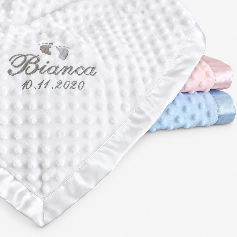 Baby blanket with name and date embroidered. Choose a name or your own text to embroider on your baby blanket. Available in 3 different colors. Baby blanket with name and date embroidered. Choose a name or your own text to embroider on your baby blanket. Available in 3 different colors.
