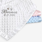 Baby blanket with name and date embroidered. Choose a name or your own text to embroider on your baby blanket. Available in 3 different colors.