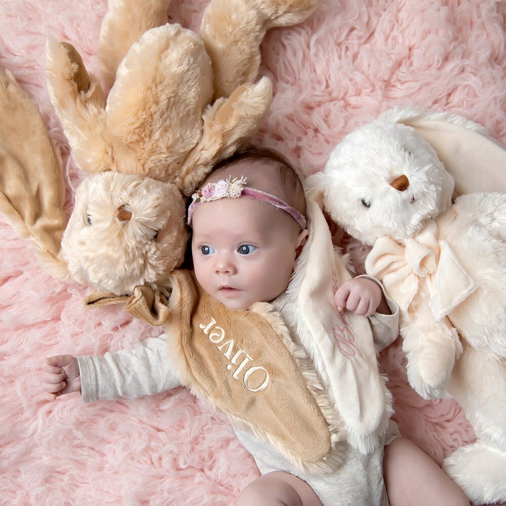 Personalized bunny with name on the ear. In two colors,