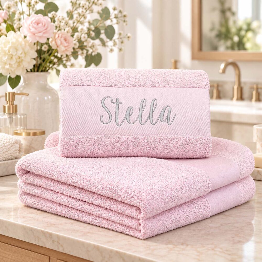 Pink personalized towel in everyday use