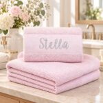 Pink personalized towel in everyday use