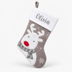 Gray Christmas stocking with reindeer, 45 cm