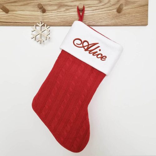 Personalized red woven Christmas stocking