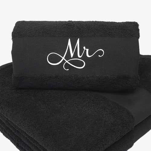 black towel with the names Mr and Mrs