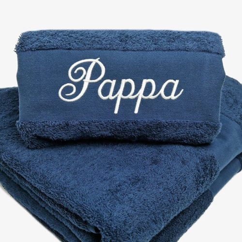 Navy blue towel with name embroidered