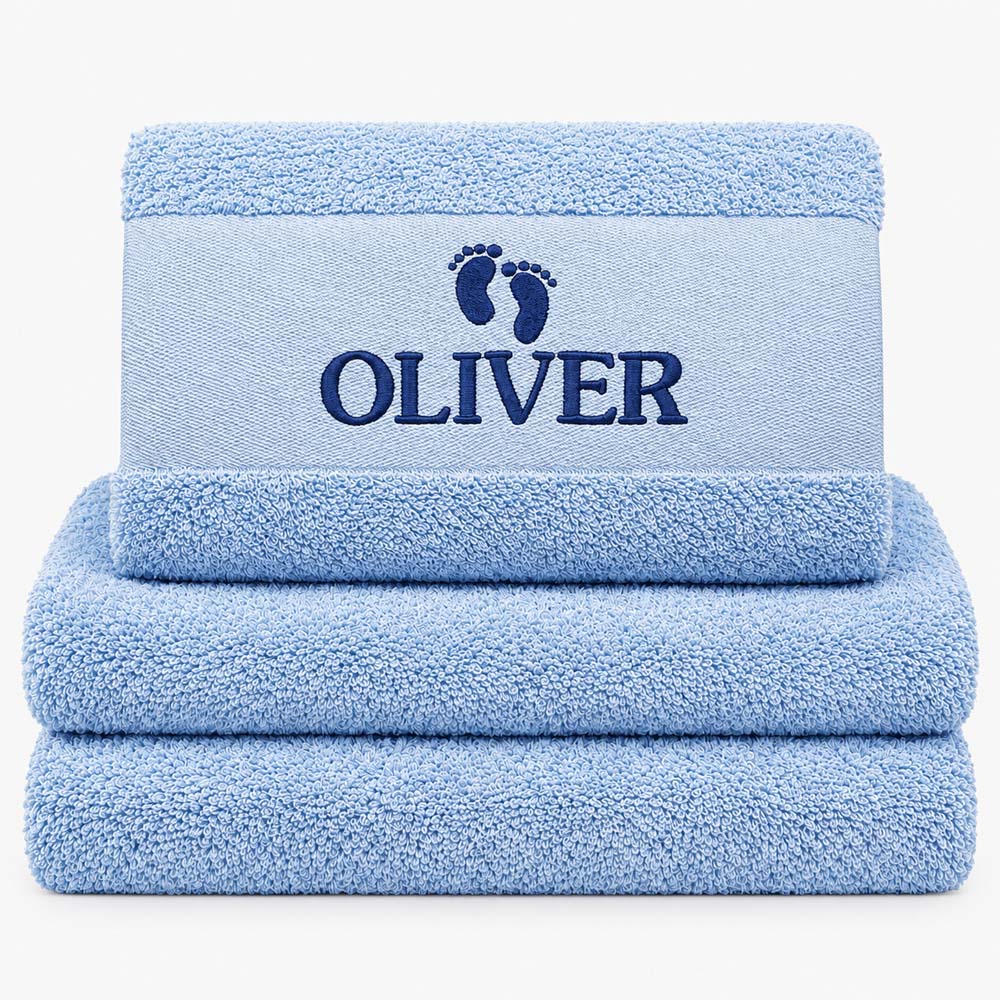 Baby blue towel with name close up image Baby blue towel with name close up image
