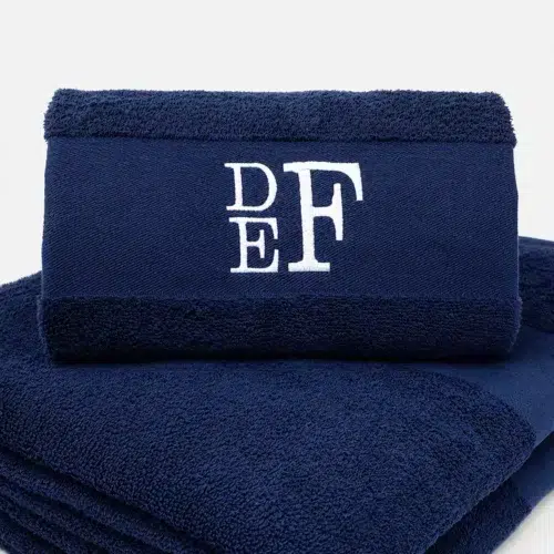 Navy blue towel with name embroidered