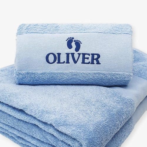 Baby blue towel with name close up image