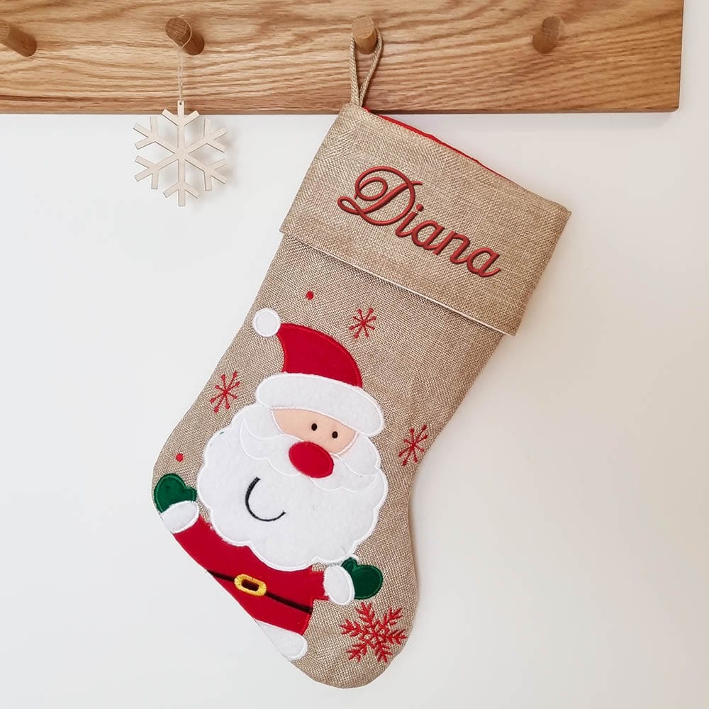 Brown Christmas stocking with happy Santa, 45 cm Brown Christmas stocking with happy Santa
