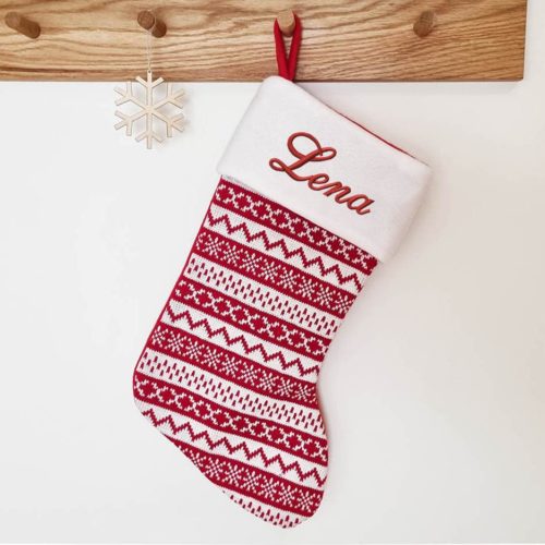 Knitted red and white Christmas stocking