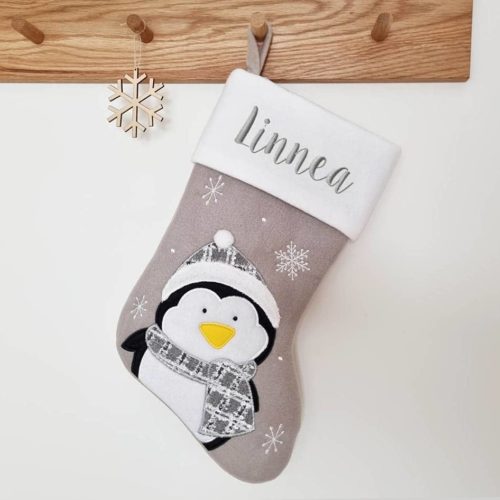 Penguin gray christmas stocking