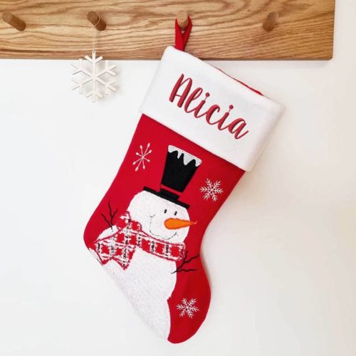 Red and white Christmas stocking with name and snowman
