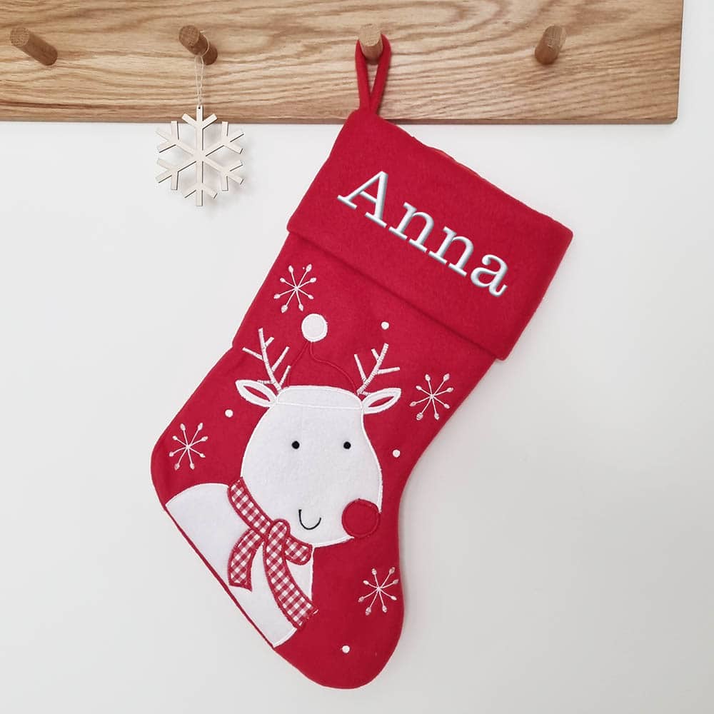 Red Christmas stocking with happy reindeer, 45 cm Red Christmas stocking with merry reindeer