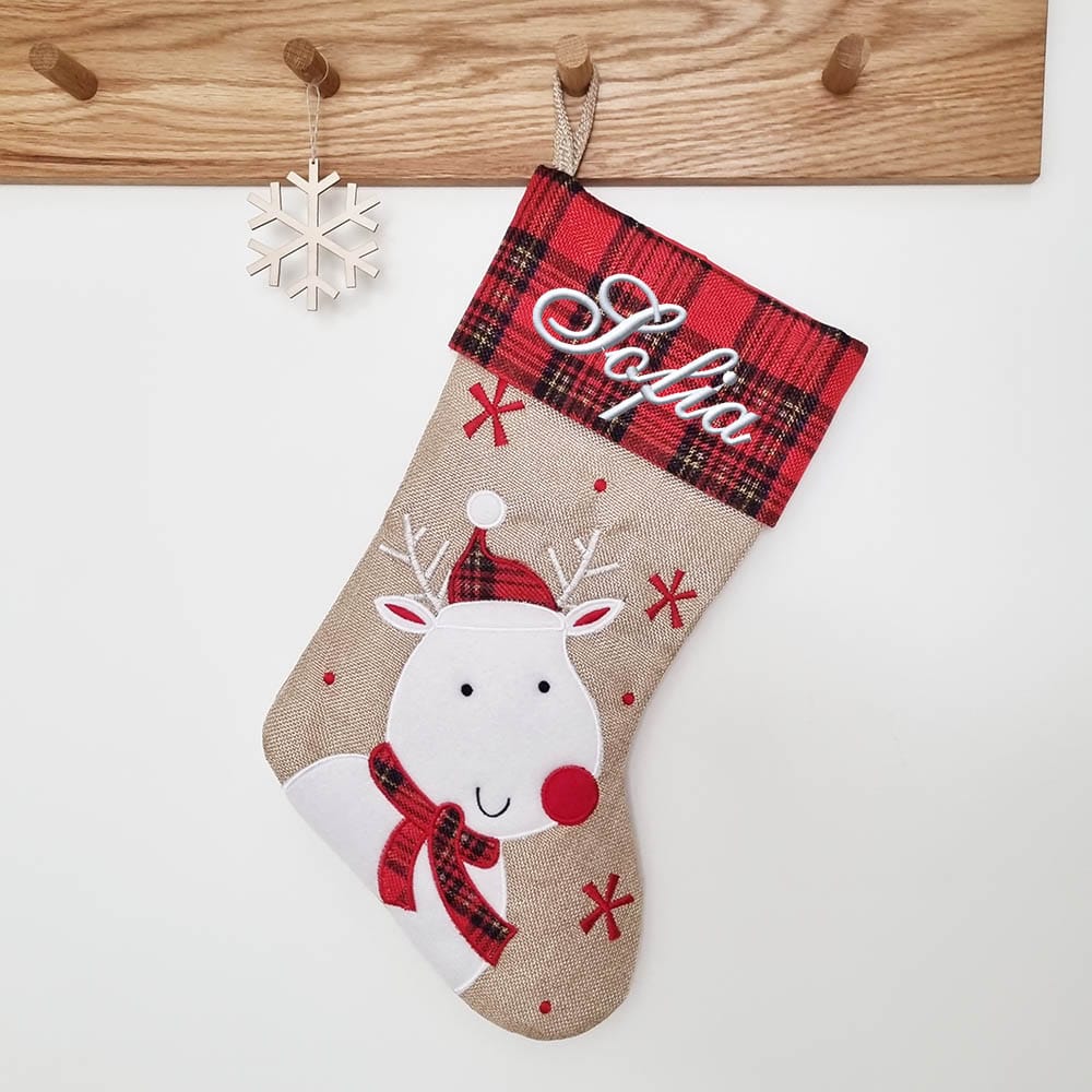 Christmas stocking with name, reindeer check pattern, 45 cm Christmas sock with name pure check pattern