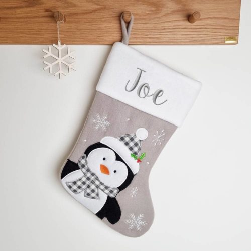 Gray Christmas stocking with little penguin, 45 cm