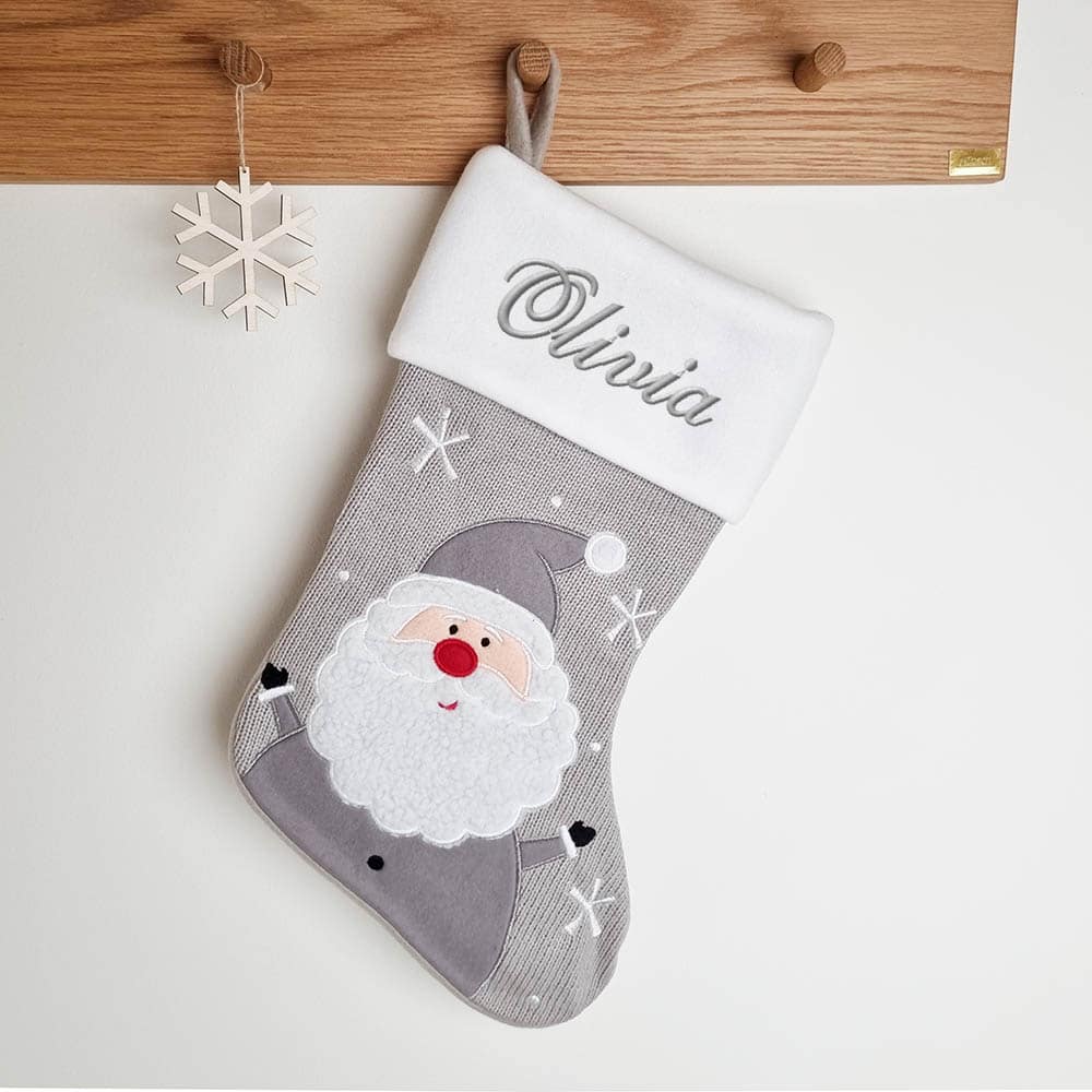 Gray woven stocking with Santa, 45 cm Gray woven xmas stocking with Santa