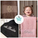 Towels with name embroidered and a child
