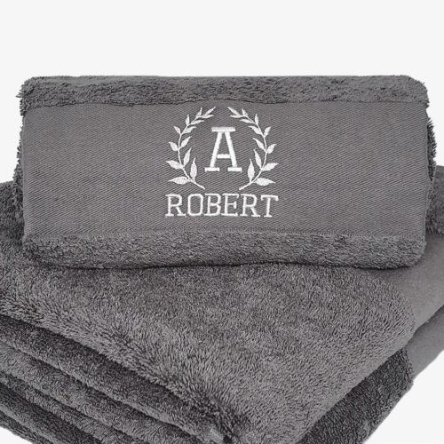 Dark gray towel with name