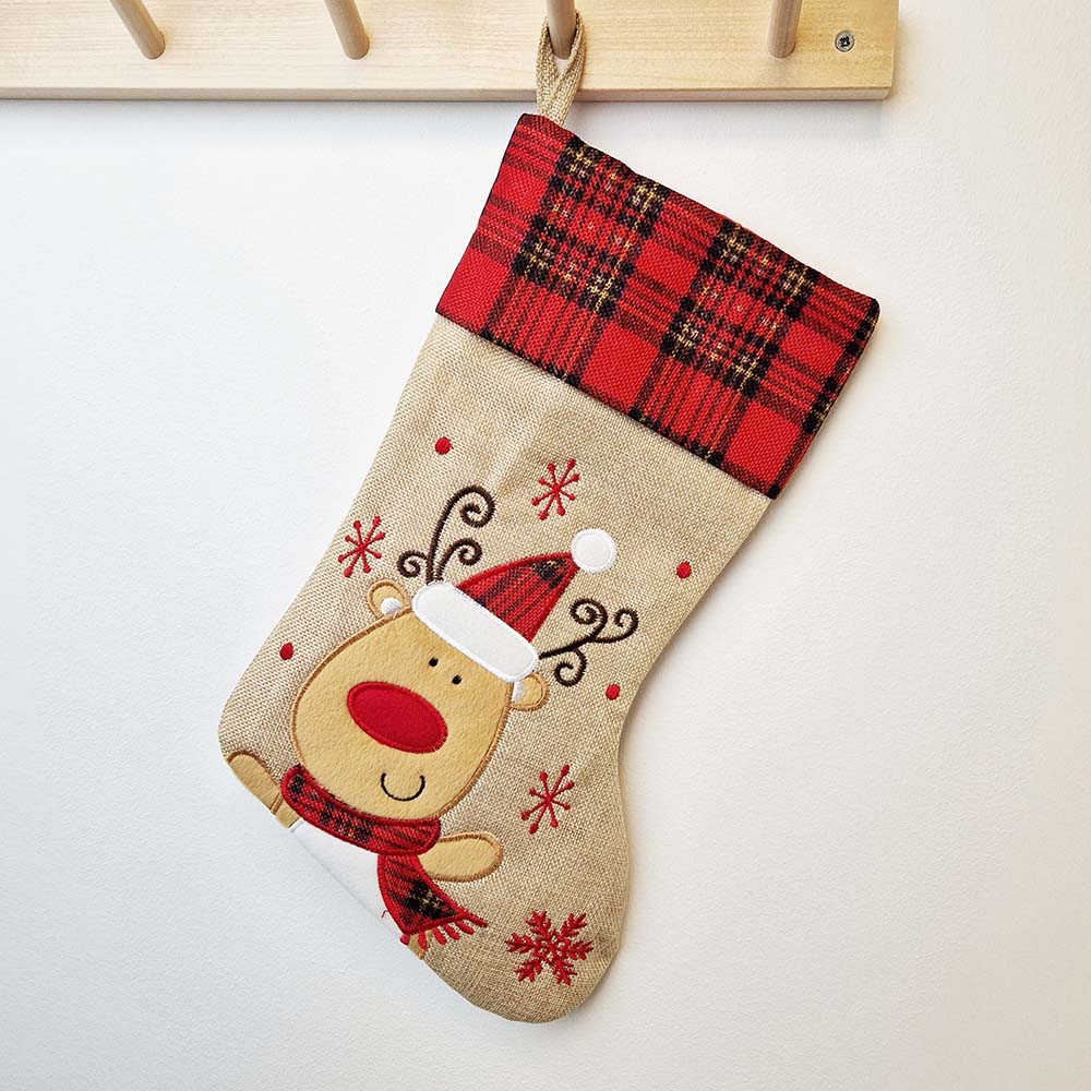 Checked Christmas stocking with name and reindeer Plaid Christmas stocking with name and reindeer