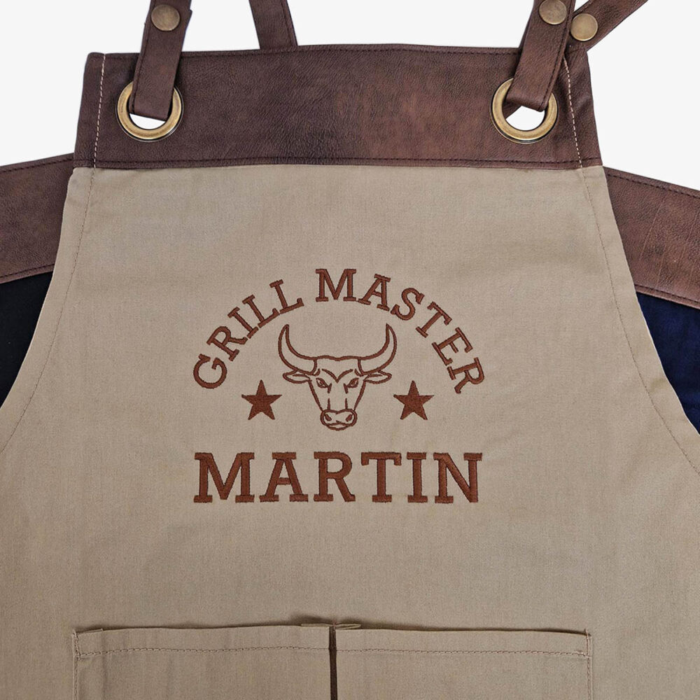 Personalized apron with embroidered name and faux leather details – Eton