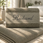 Olive green personalized towel in use in the bathroom