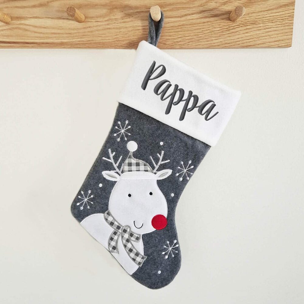 Personalized gray Christmas stocking with reindeer Personalized Christmas stocking gray with reindeer