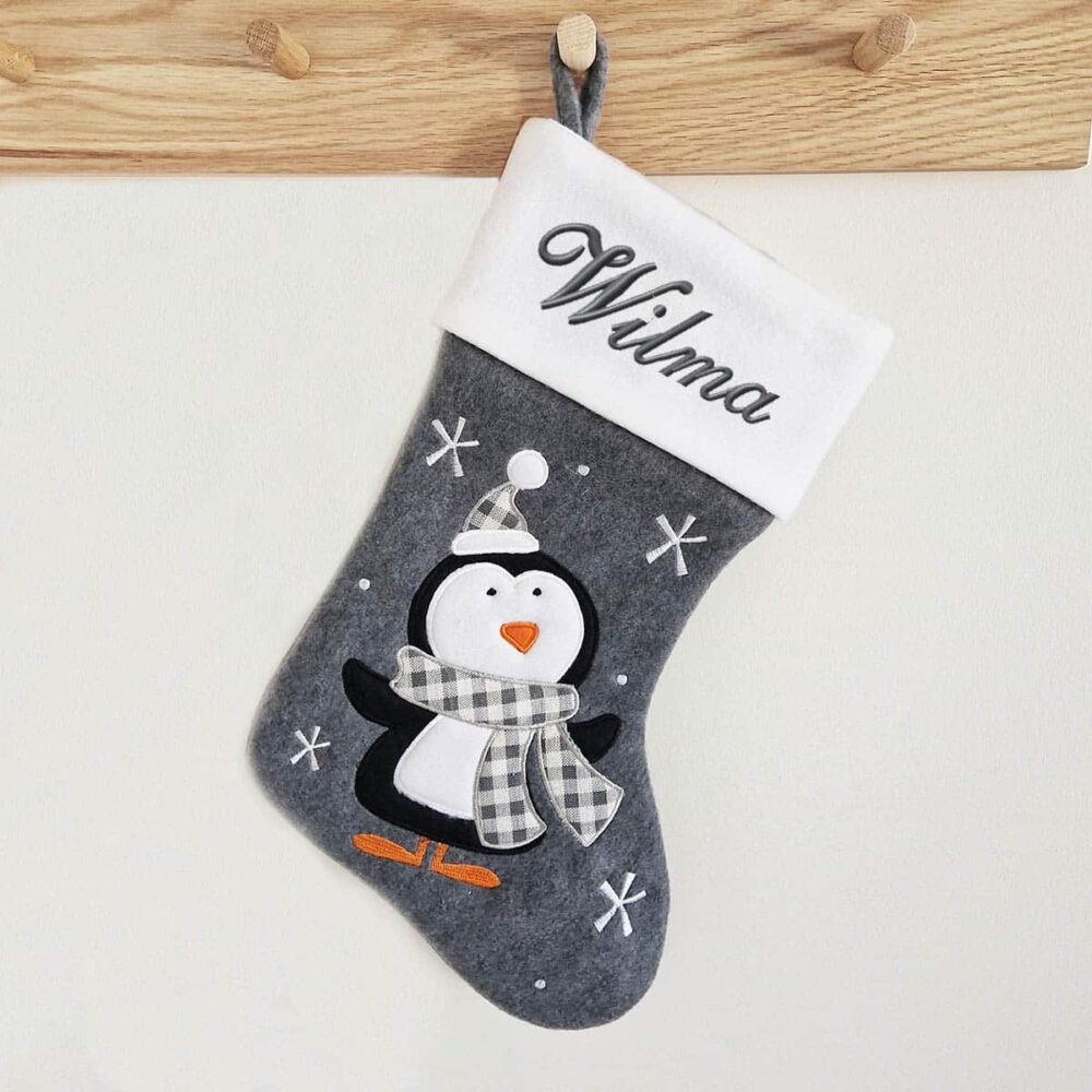 Dark gray Christmas stocking with penguin, personalized with name Dark gray Christmas stocking with penguin, Personalized