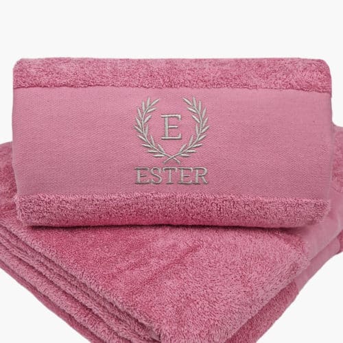magnolia colored towel with name embroidered