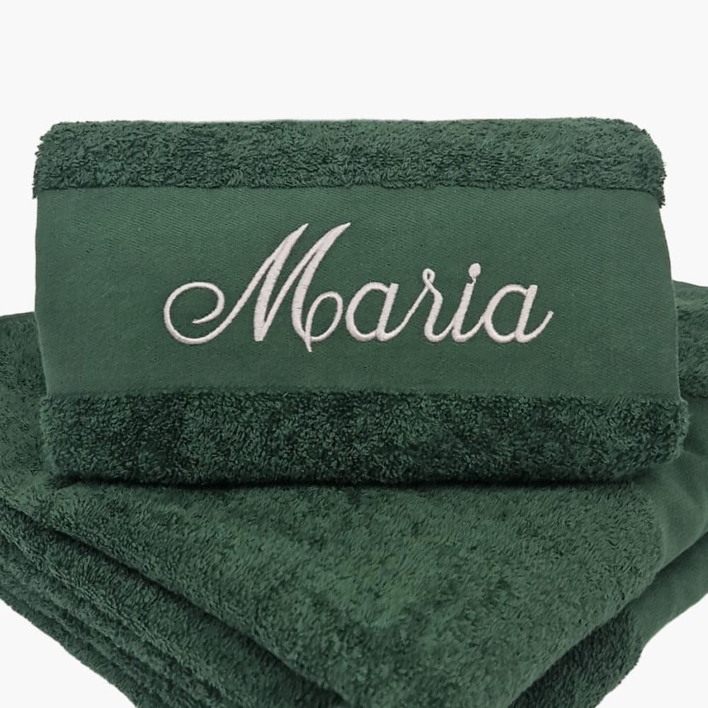 Dark green towel with name embroidered