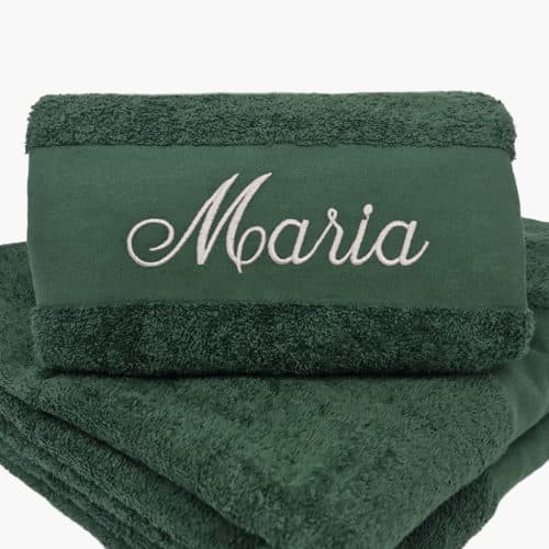 Dark green towel with name embroidered