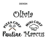 Embroidery design and thread colour options for personalized children's aprons