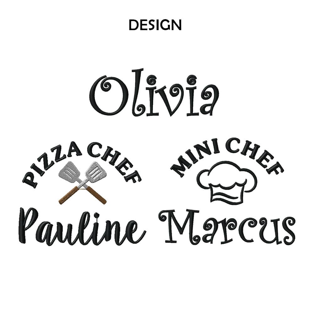 Embroidery design and thread colour options for personalized children's aprons
