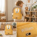 Child with lion-themed backpack.