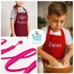 Collage of children wearing personalized Primo aprons in different colours