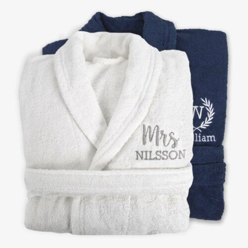 White and navy bathrobe with name, wreath, or custom text
