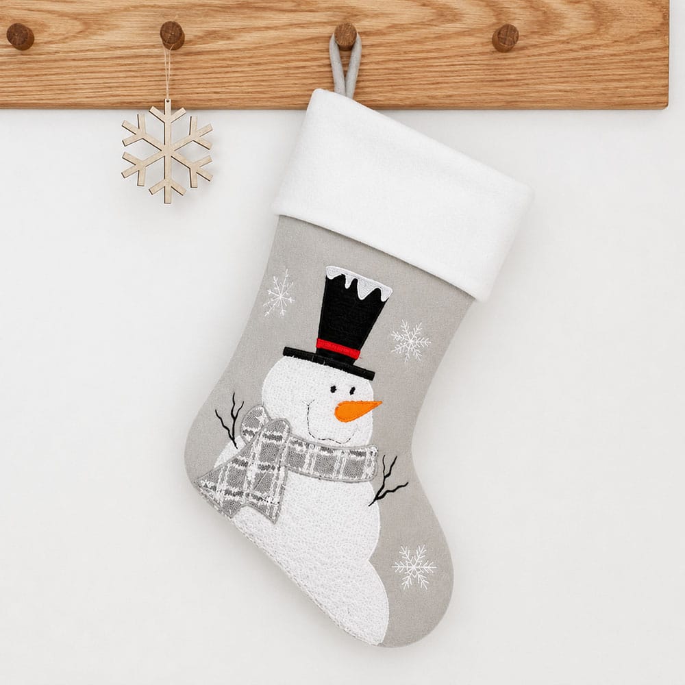STG455-N.jpg Grey personalized Christmas stocking with snowman