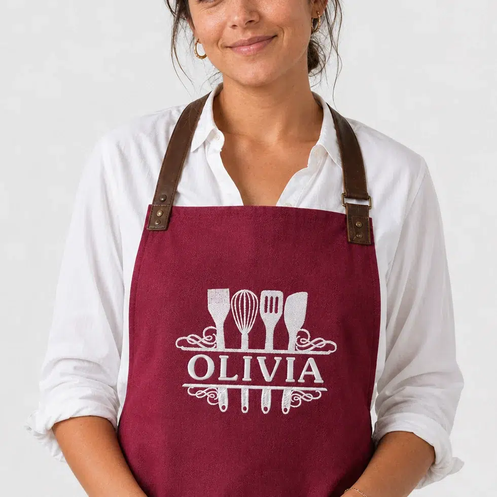 Women with personalized apron with name