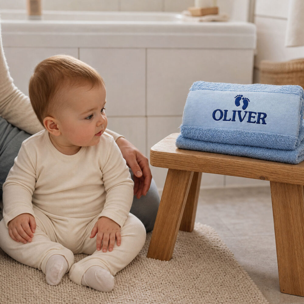 Baby blue towel with name