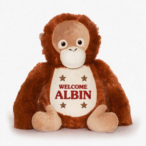 Personalized orangutan stuffed animal with name embroidered on the belly
