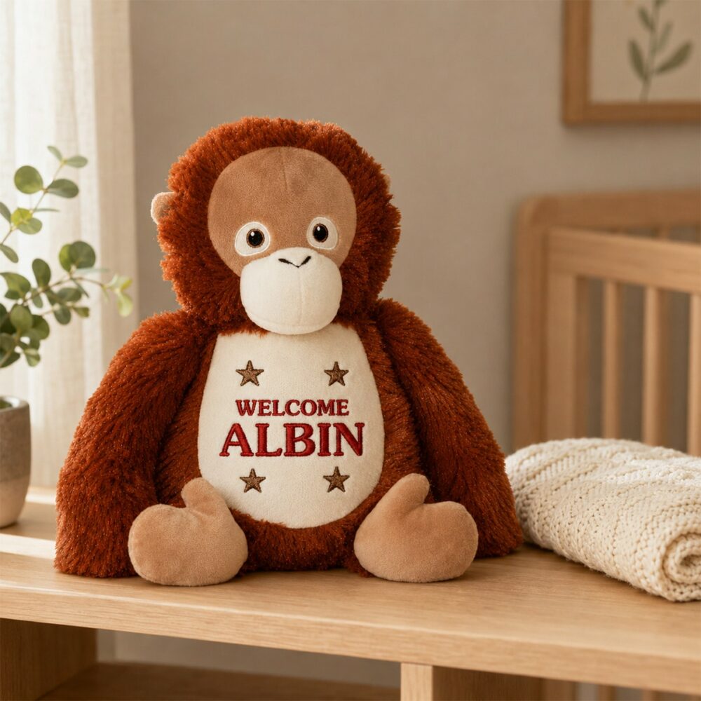 Child with personalized orangutan soft toy with embroidered name
