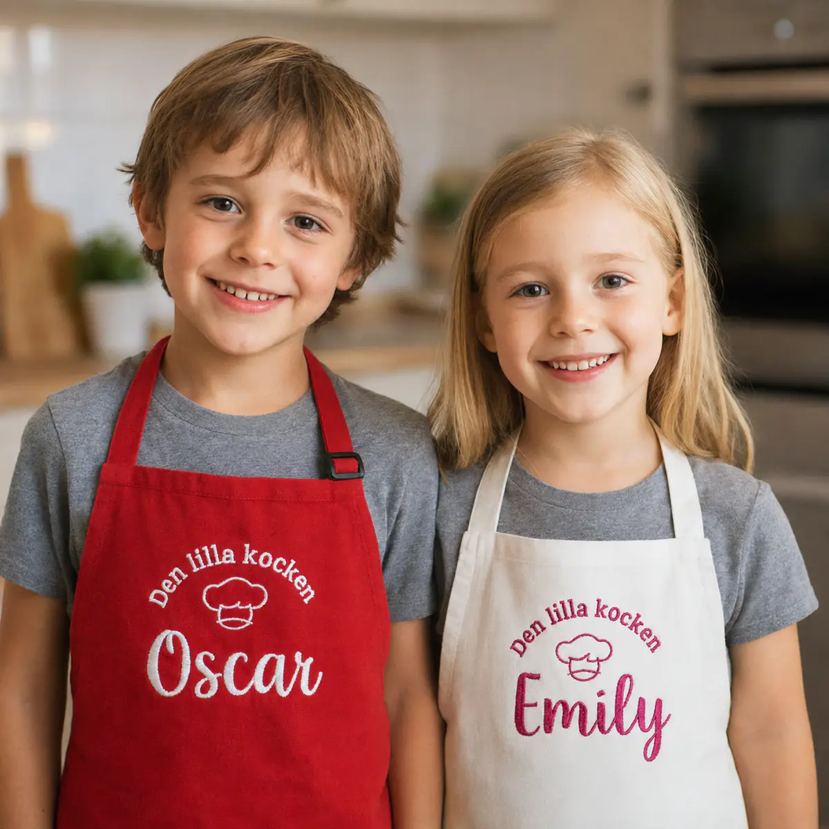 Two children wearing personalized aprons with names embroidered