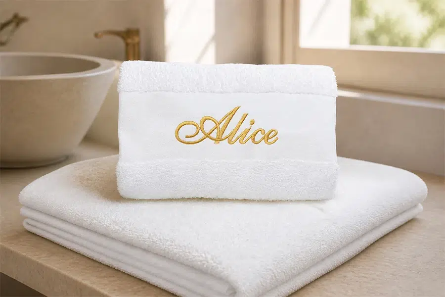 White towel with name embroidered