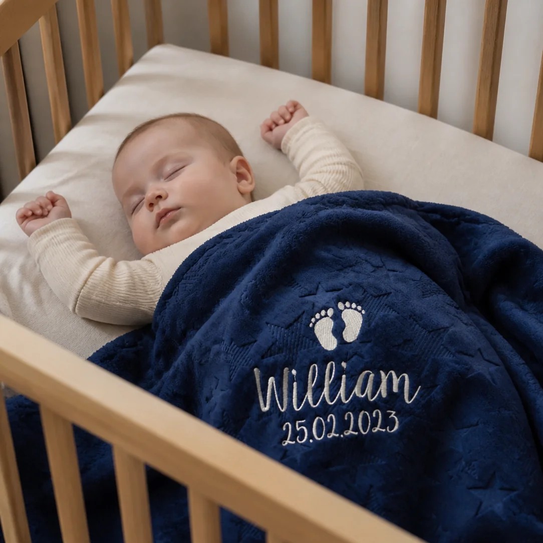 Blue personalized baby blanket in crib, lifestyle image