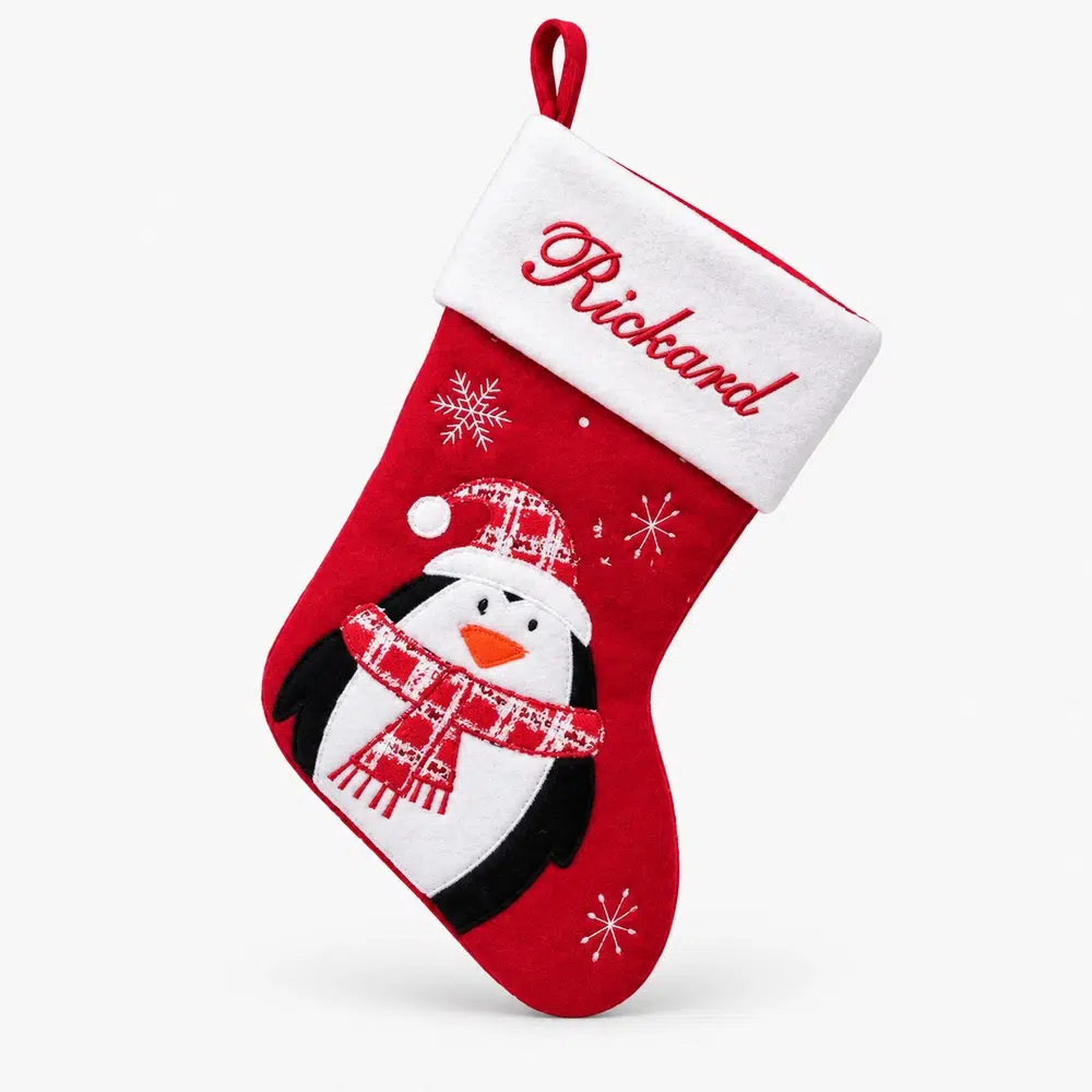 Strumpa-11-1000px-1 Red and white Christmas stocking with name and penguin