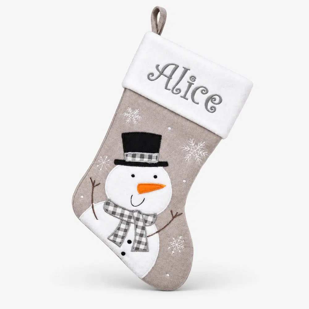 gra-strumpa-med-stor-snogubbe-45-cm Gray Christmas stocking with big snowman, 45 cm