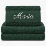 Dark green towel with name embroidered