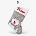 Gray Christmas stocking with name and snowman