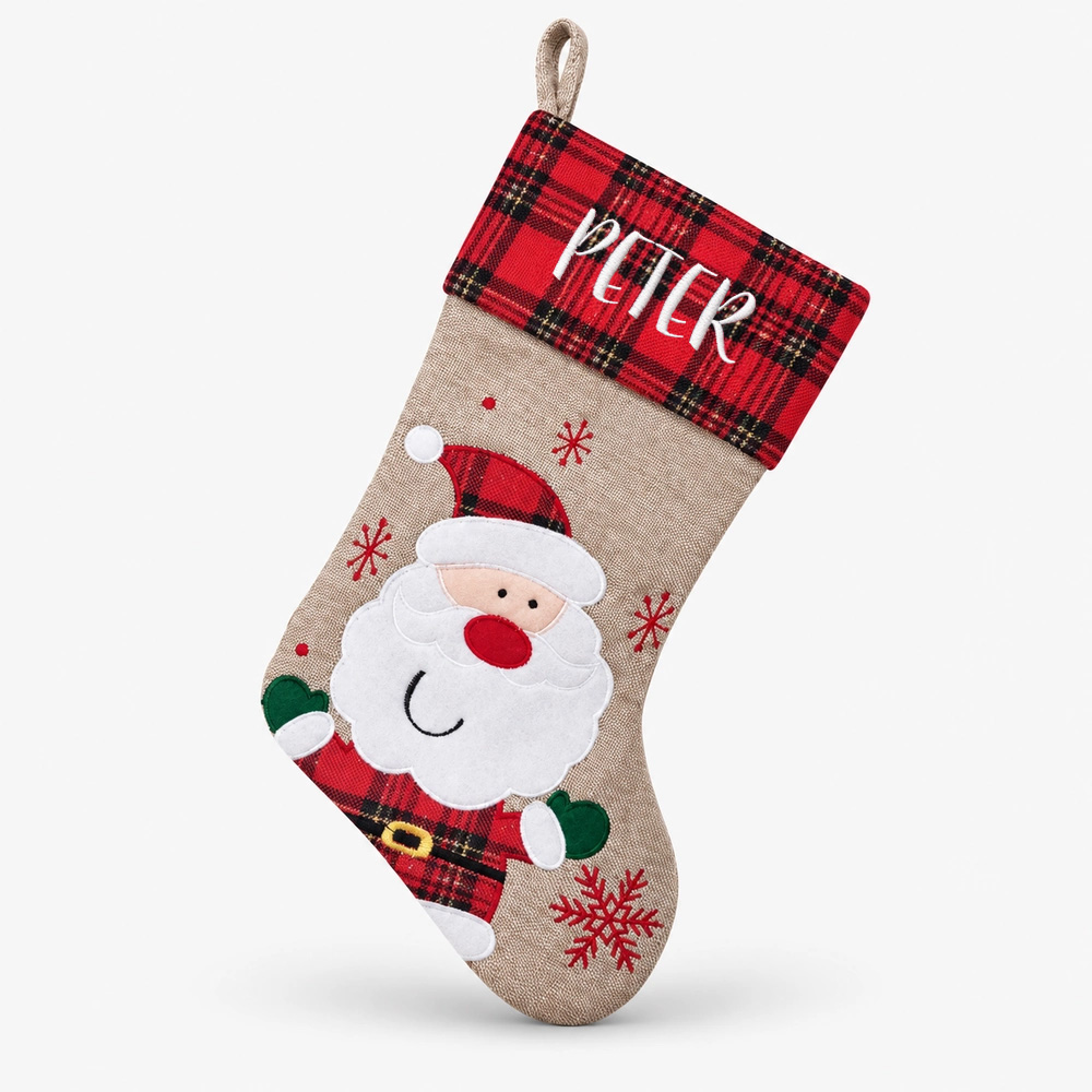 julstrumpa-med-namn-tomte-rutmonster-45-cm Checkered Christmas stocking with name and Santa