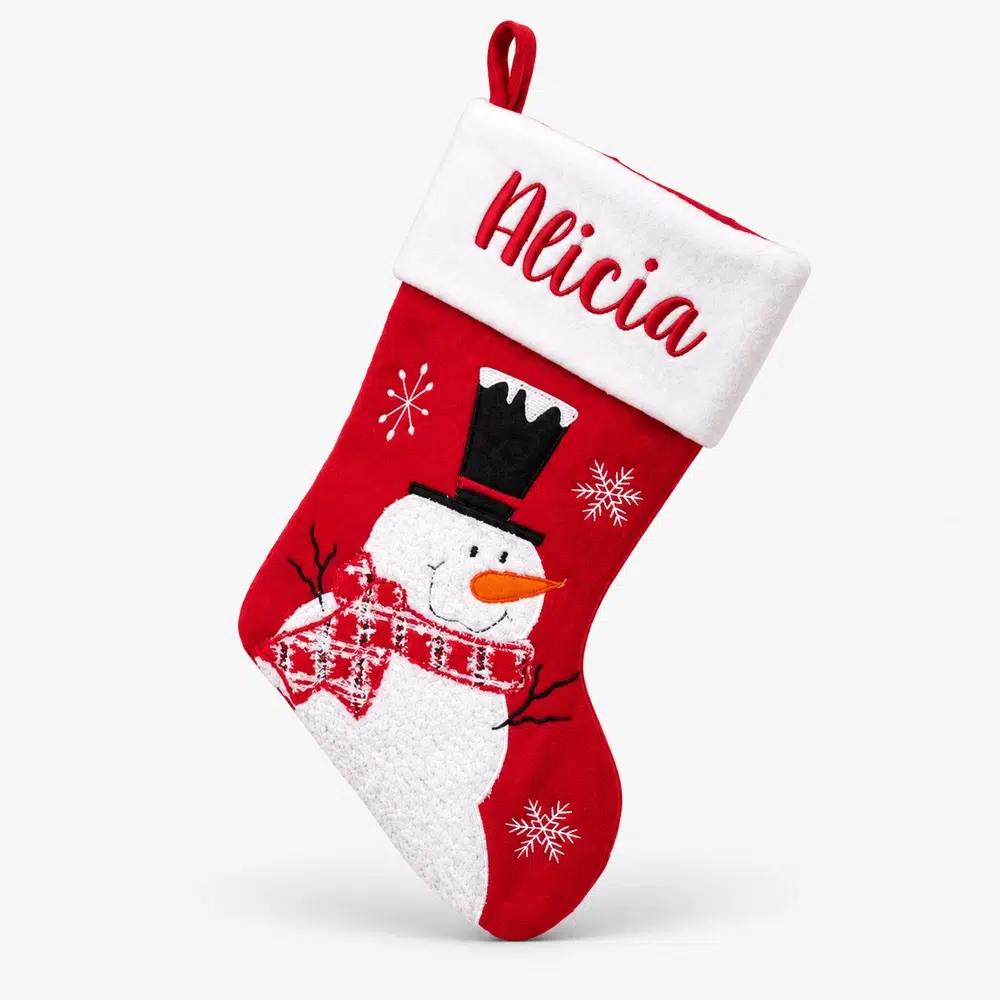 Red and white Christmas stocking with name and snowman