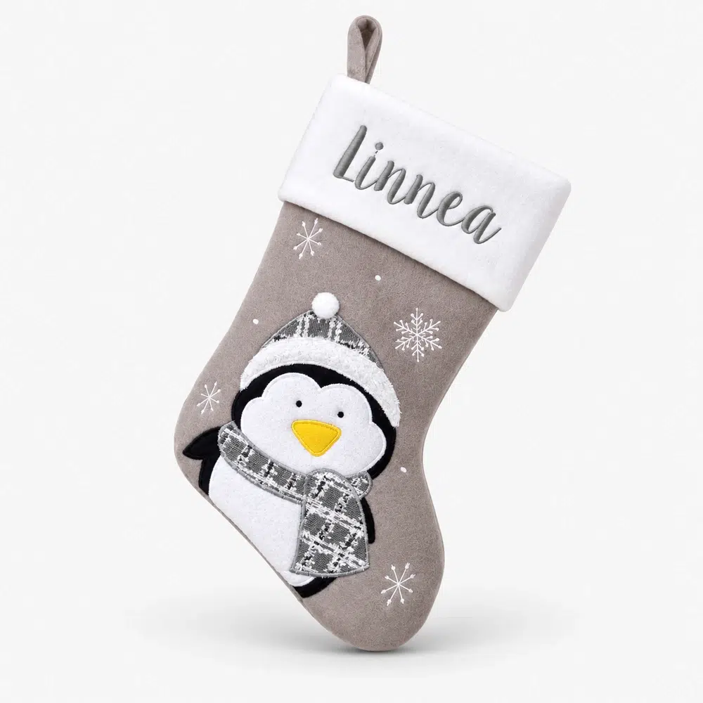 pingvin-gra-julstrumpa-med-namn-45-cm Gray Christmas stocking with name and penguin